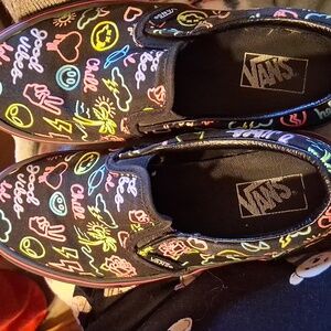 Vans Black Slip-Ons with Neon Doodles